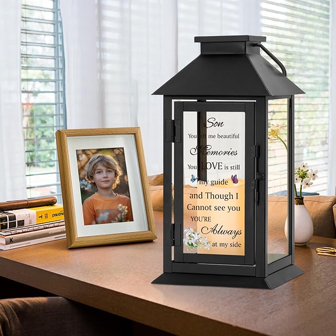 Decorative Candle Lantern Memorial Gift with Metal and Glass, 14.2 Inch LED