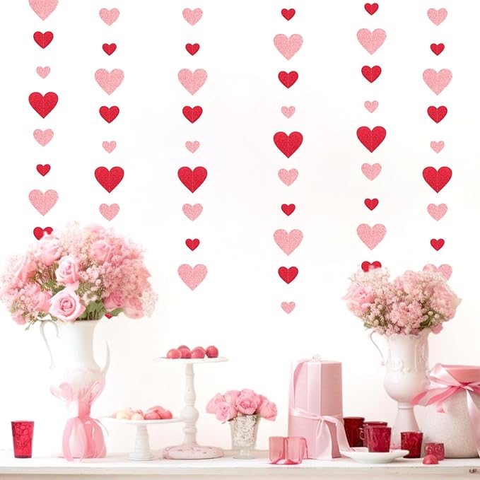 Red Pink Party-Decoration Heart Garland - 40ft Galentines Hanging Paper Streamers, Proposal Anniversary Romantic Birthday Baby Shower Rustic Wedding Hanging Ornaments Decor Hugfond