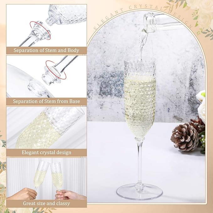 Champagne Glasses, 48 Pack Clear Plastic Flutes with Diamond Pattern