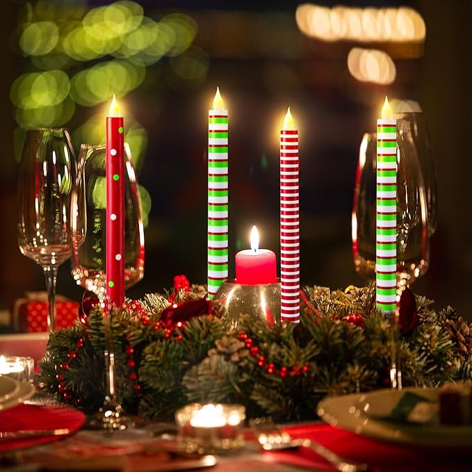 6 Pcs Christmas Flameless Taper Candles 10.6 Inch Red Green and White Striped Dots Candles Battery Operated LED Christmas Candlesticks for Xmas Centerpiece Holiday Party Decor