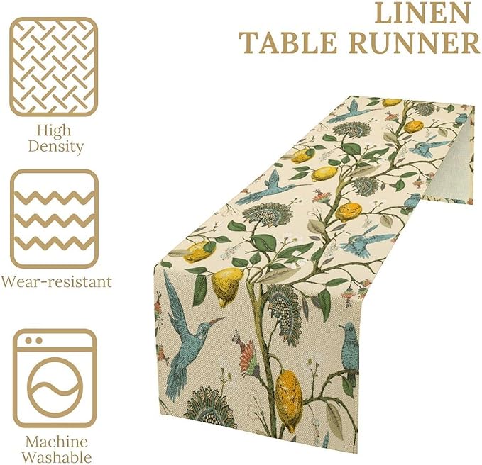 Table Runner with Flowers and Birds, Spring Plant Flowers Table Decoration Linen Table Runner Family Party Party Decorations 13x36 Inches