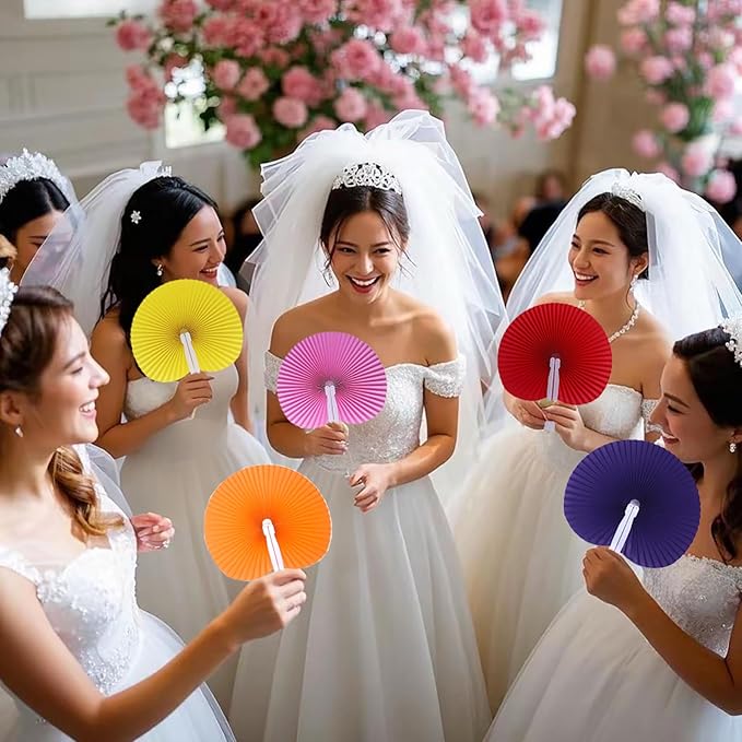12 Packs Decorative Paper Folding Hand Fans Handheld,Black Round Foldable Wedding Fans Chinese and Japanese Fans Bulk for Bridal Guest Church Party Favors Dancing Birthday DIY