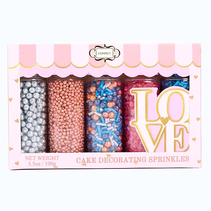 Confect Game Night Sprinkles – Mix with Copper & Silver Dragees, Bright Blue Jimmies, Rose Gold & Pink Sparkling Sugar | Vegan, Gluten-Free, Nut-Free, Soy-Free, Dairy-Free Cake & Cupcake Decorating Topping - 5oz