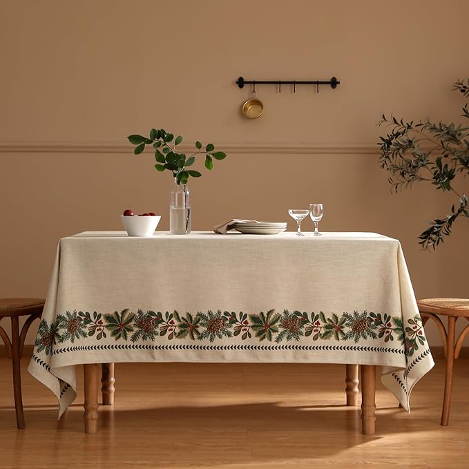 Rectangular Tablecloth 55 x 79 Inch Linen Blend Beige Floral