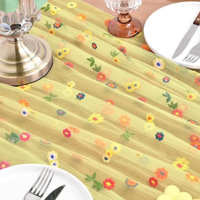 Joanlody Yellow Embroidery Daisy Fall Thanksgiving Table Runner Florals Seasonal Tulle Table Runner Holiday Kitchen Dining Table Decoration Wedding Party
