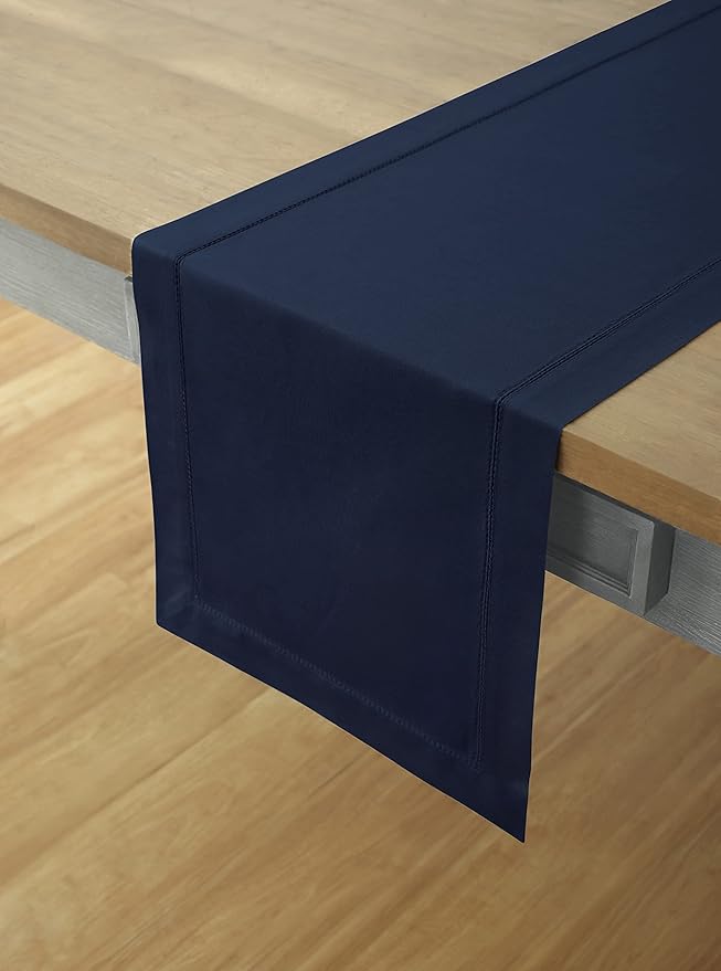 Solino Home Cotton Linen Navy Blue Table Runner 72 Inches Long - Hemstitch Table Runner 14 x 72 Inch for Dresser, Dining, Fall, Autumn, Halloween, Thanksgiving, Christmas, Holiday