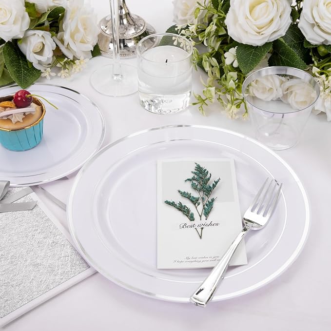 Plates for 25 Guests: Silver Rim Disposable Dinnerware, 150 Pieces