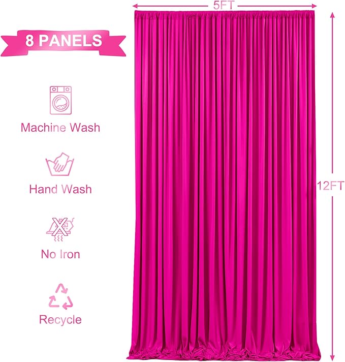 Backdrop Curtain Set, Hot Pink, 8 Panels 5 x 12 ft, Wrinkle Free