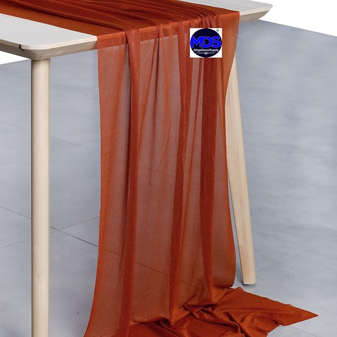 MDS 20 Pack 10ft Chiffon Table Runner 29 x 120 Inches Sheer Wedding Runner Romantic Rustic Table Runner for Wedding Decorations, Birthday Parties, Bridal Shower Party Arch Decor - Terracotta