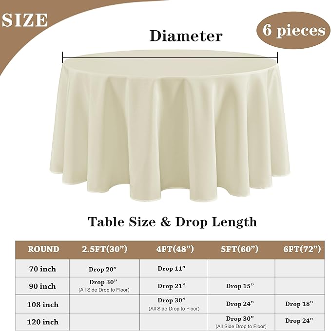 Tablecloths 6-Pack in Ivory, Round Polyester, 90 x 90 Inch