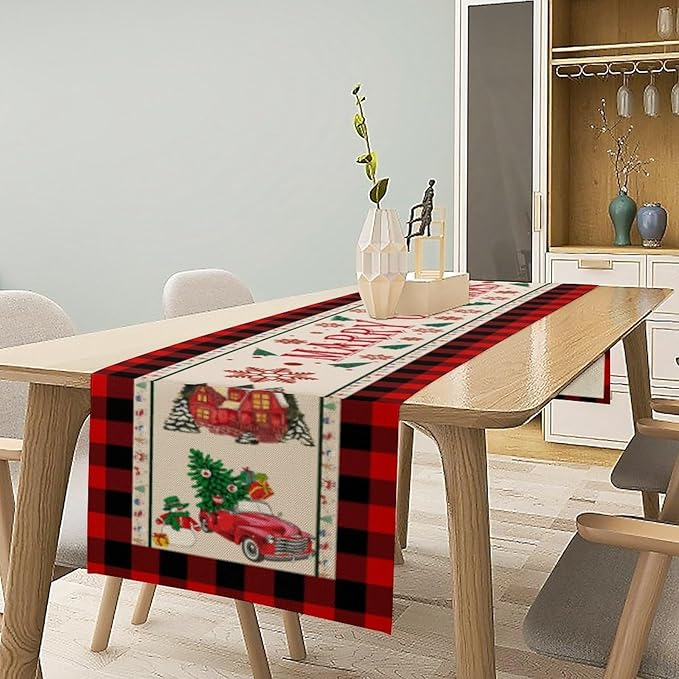 Merry Christmas Table Runner,Winter Xmas Holiday Table Cloth Kitchen Dining Table Decoration for Home Party Decor 13x108 Inch