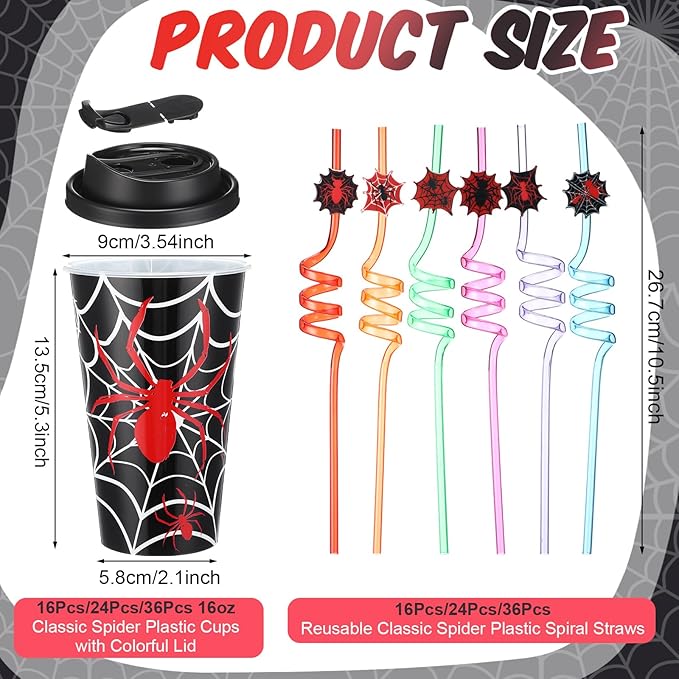 Yungyan 16 Sets Spider Party Favors Goodie Cups with Lids and Straws for Halloween Party Decorations Reusable 16oz Plastic Candy Cups Plastic Straws for Birthday Gift (Spider)