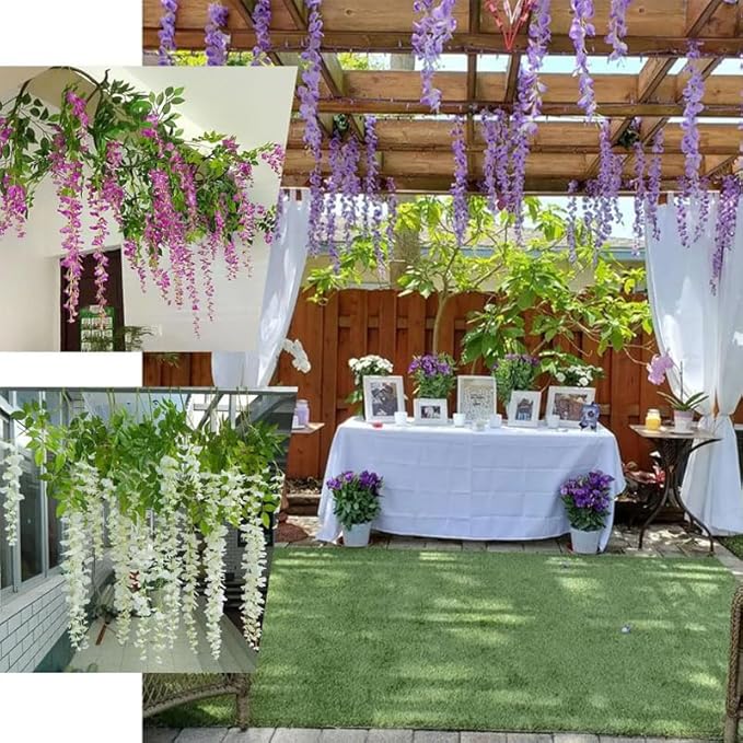 24 Pack Purple Wisteria Hanging Flowers Garland, 3.77 Feet Artificial Flower Vines, Fake Wisteria, Artificial Vines Hanging Garland for Backdrop Outdoor Yard Garden Decor