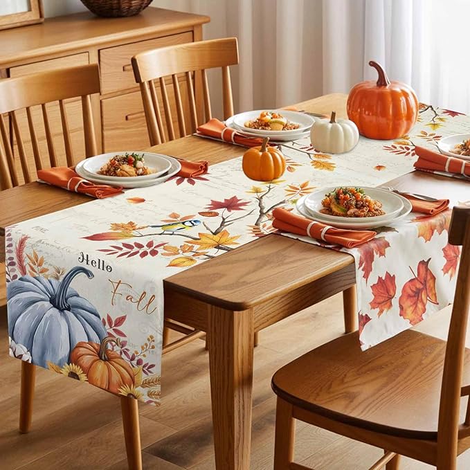 Thanksgiving Fall Cotton Linen Table Runner for Dining Kitchen, Blue Pumpkins Rustic Wedding Outdoor Party Autumn Tablerunners Decoration, Leaves Dresser Scarf Coffee Tablecloth Runners 13x90 Inches