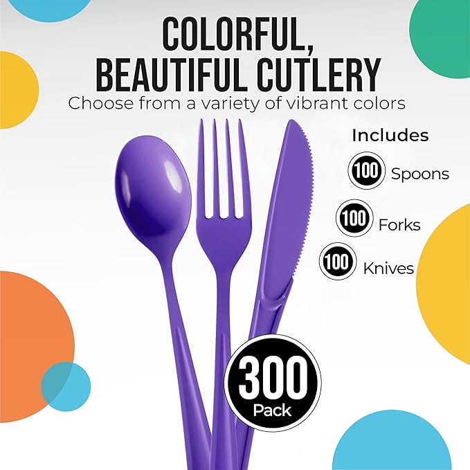 Plastic Cutlery Set 300 Pieces Purple Forks, Spoons and Knives