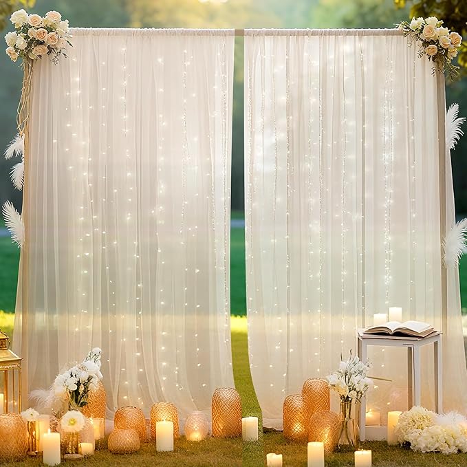 10×10ft Tulle Backdrop Curtains with Lights String - 300LED Fairy Lights Sheer Curtain Backdrop for Weddings Baby Shower and Birthday Party Decorations(4 Panels 5×10ft)