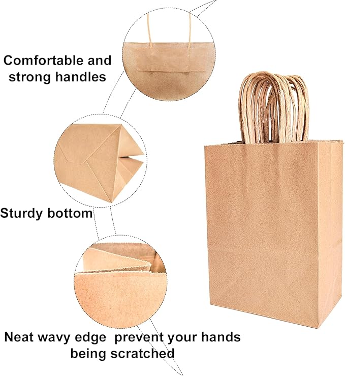BAG BOX 50 Pack 5.9x3.1x8.25 Inch Brown Gift Bags with Handles,Bulk Kraft Paper Bags for Shopping, Retail, Merchandise, Wedding, Party Favors, Paper Grocery Sacks