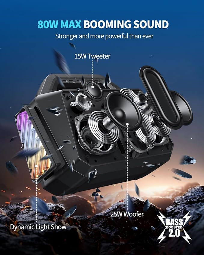 Bluetooth Speaker - 80W Loud Rugged Outdoor Speakers, IPX6 Waterproof, 20H Playtime, Deep Bass, Lightshow, TWS, BT 5.3 Wireless, Portable for Travel Hiking Camping Beach Pool - Black