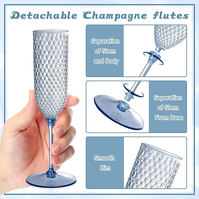 Champagne Glasses, Blue Plastic 5.5 Oz Detachable 2-Piece Flutes