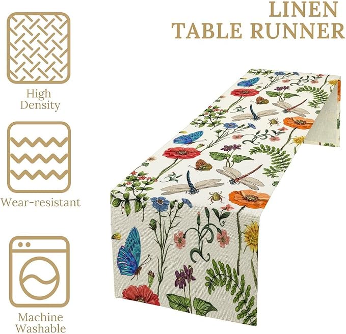 Vintage Botanical Flowers Table Runner, Seasonal Summer Plants Florals Butterfly Dinner Runner for Home Kitchen Dining Table Party Holiday Decoration 13"x90"