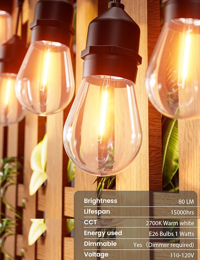 String Lights 200 FT Black Cord with 16 Shatterproof Warm White Bulbs