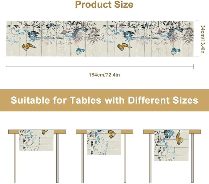 Nature Dandelion Table Runner,Rustic Floral Wood Plank Butterfly Girl Women Pattern Print Burlap Tablecloth for Hotel Indoors Outdoor Dining Room Kitchen Table Decor, 13x70in