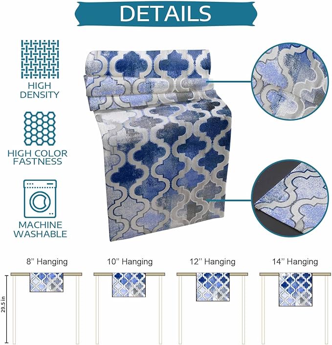 Blue Morocco Plaid Cotton Linen Table Runner for Dining Kitchen, Wedding Outdoor Party Tablerunners Decoration, Distressed Abstract Painted Vintage Dresser Scarf Coffee Tablecloth Runners 13x36 Inches