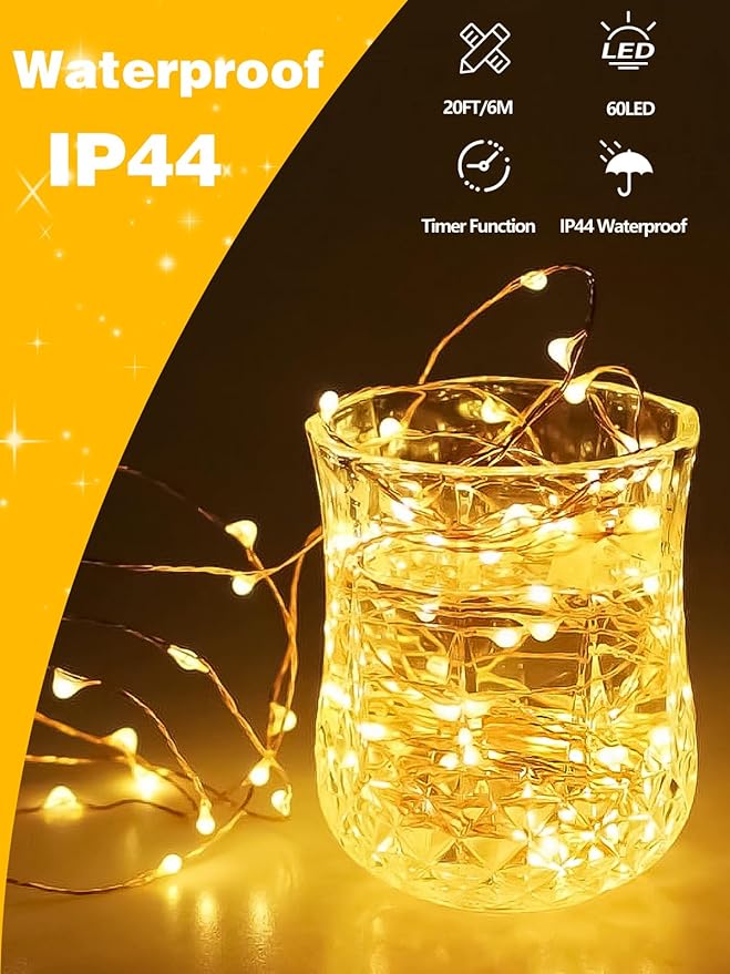 2 Pack 20FT 60LED Battery Operated Fairy Lights with Timer, Waterproof Battery String Lights Outdoor Indoor, Battery Twinkle Light for Bedroom Wedding Birthday Party Chirstmas (Warm White)