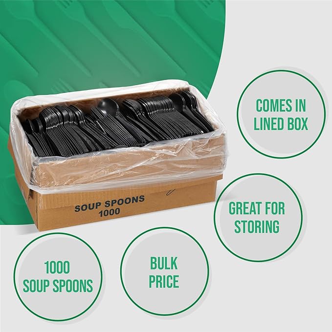 Plastic Soup Spoons, 1,000 Count, Black, Medium Weight