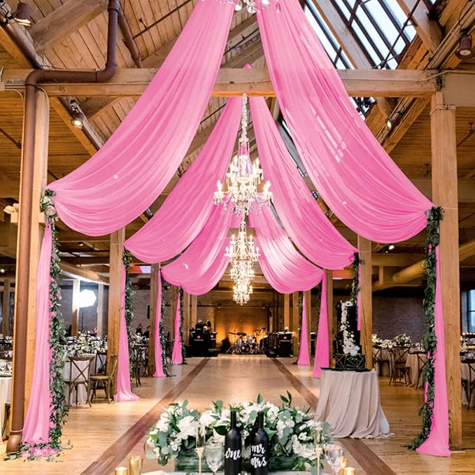MODFUNS Pink Wedding Drapes 5x30ft 2 Panels Wedding Arch Draping Fabric Chiffon Semi Sheer Drapery Curtain Ceiling Covering Fabric for Party Banquet Decorations