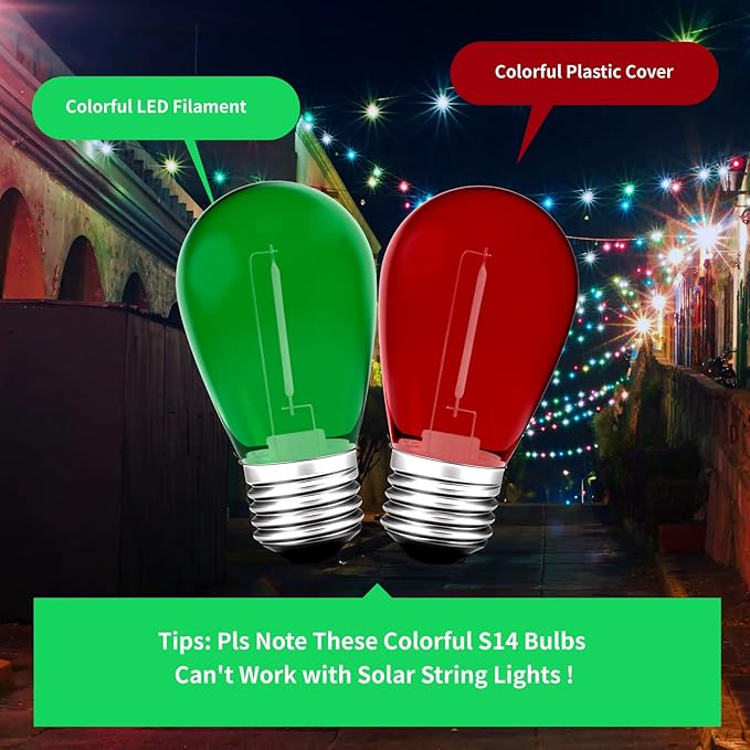 LED String Light Bulbs S14, 24 Pack, Red and Green, E26 Base