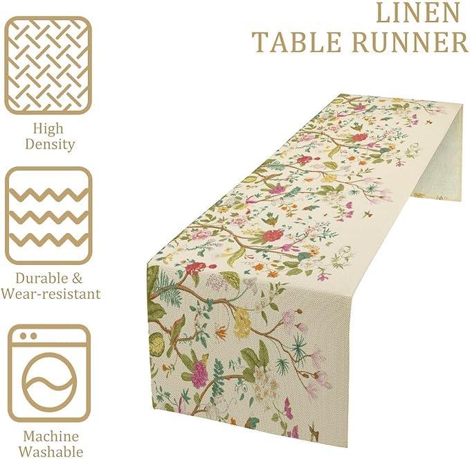 Floral Table Runner, Vintage Birds Wildflowers Herbs Nature Theme Linen Long Table Kitchen Dining Table Holiday Party Decorative Table Runner,13in（33cm） W * 72in（184cm） L