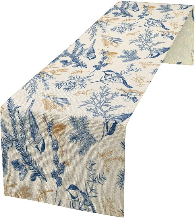 Chinoiserie Flowers Table Runner, Seasonal Spring Fall Plants Blue Florals Birds Dinner Runner for Home Kitchen Dining Table Party Holiday Decoration 13"x60"