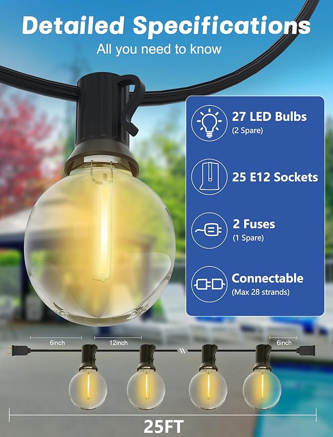 String Lights 25 Ft G40 LED Globe, Warm White on Black Wire