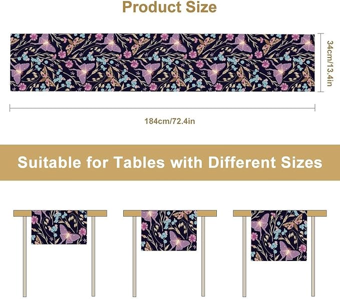 Moth Table Runner, Boho Aesthetic Moth Magic Table Runner for Home Kitchen Dining Party Indoor Outdoor Decoration 13x60 Inch