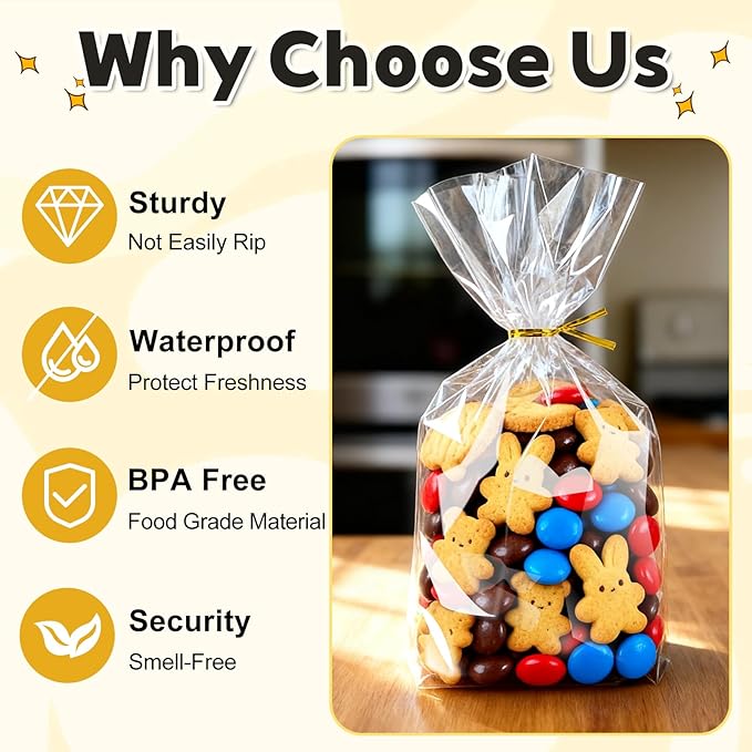 PigPotParty Cellophane Treat Bags 7"x10", 100 Pack Clear Goodie Bags, 3.2" Bottom Gusset for Stand-Up Display, Small Plastic Gift Wrap for Cookies, Candy, Party Favors, Popcorn, Includes 100 Ties