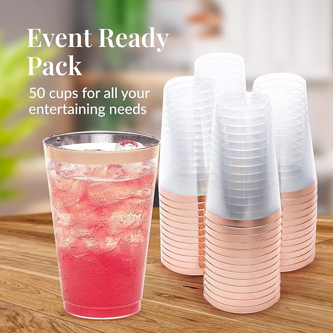 Plastic Cups, 14 oz Rose Gold Rimmed, 50 Count for Weddings