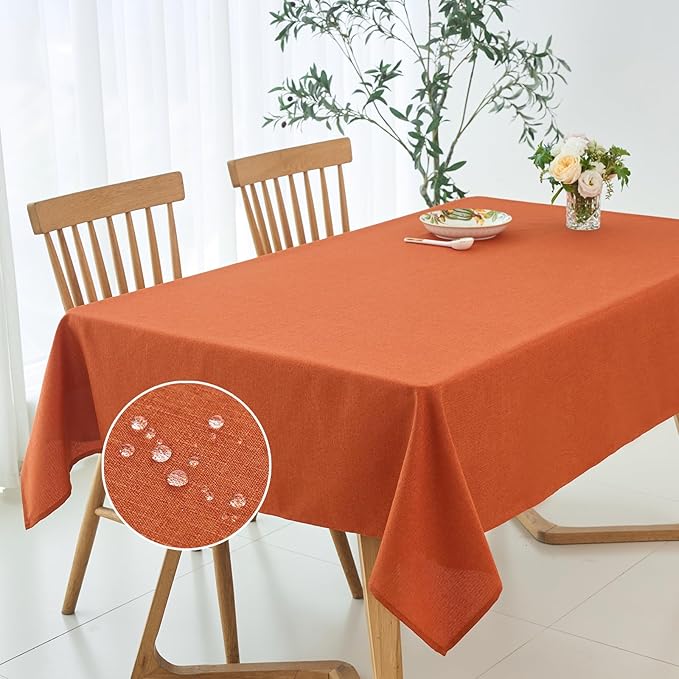 maxmill Rectangle Linen Textured Tablecloth Spillproof Wrinkle Resistant Fall Table Cloth, Kitchen Dining Room Thanksgiving Decoration, Fabric Table Cover Halloween Tablecloths, 52 x 70 Inch, Rust