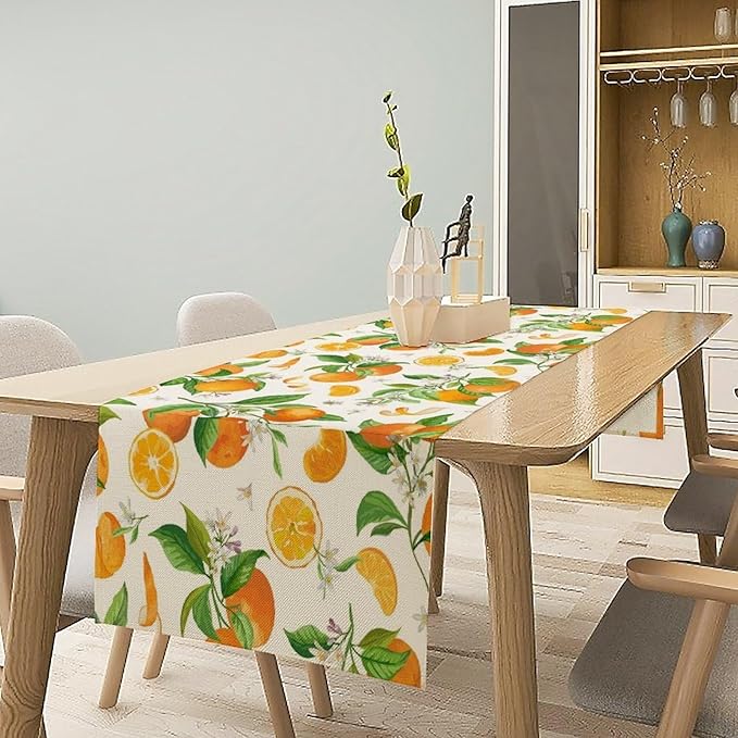 Spring Summer Orange Table Runner Vintage Citrus Lemon Fruit Mandarin Floral Dinner Runner for Farmhouse Baby Shower Party Holiday Home Kitchen Dining Table Decor 13x108
