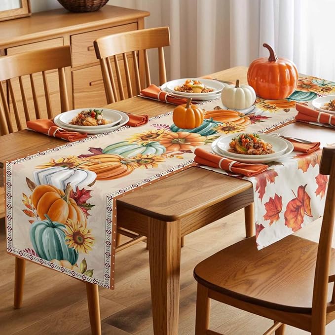 Fall Thanksgiving Southwest Cotton Linen Table Runner for Dining Kitchen, Orange Pumpkins Wedding Outdoor Party Rustic Tablerunners Decoration, Sunflower Dresser Scarf Tablecloth Runners 13x60 Inches