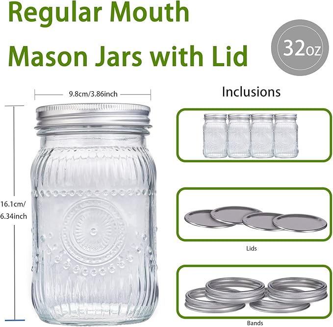 MirthMood 32 OZ Wide Mouth Mason Jars, 4 PACK Glass Mason Jars with airtight Lids, Quart mason jars wide mouth ，Perfect for Canning, Pickling, Preserving, Fermenting, DIY Crafts & Decor