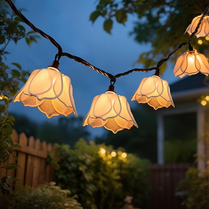 String Lights with Floral Garlands, Warm White Bulbs, Indoor and Outdoor
