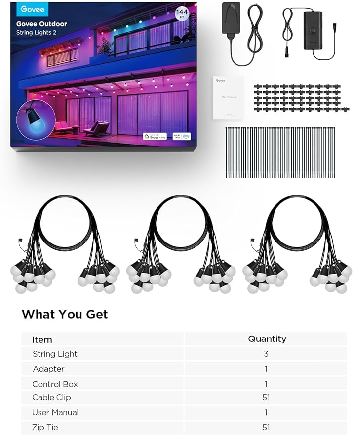 String Lights, Outdoor 144ft Smart LED with Music Sync and App Control