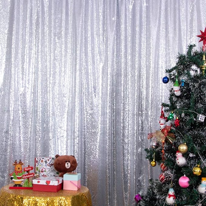 SquarePie Sequin Backdrop Not See Through Thick Background Glitter Curtain Party 20FT x 10FT Silver