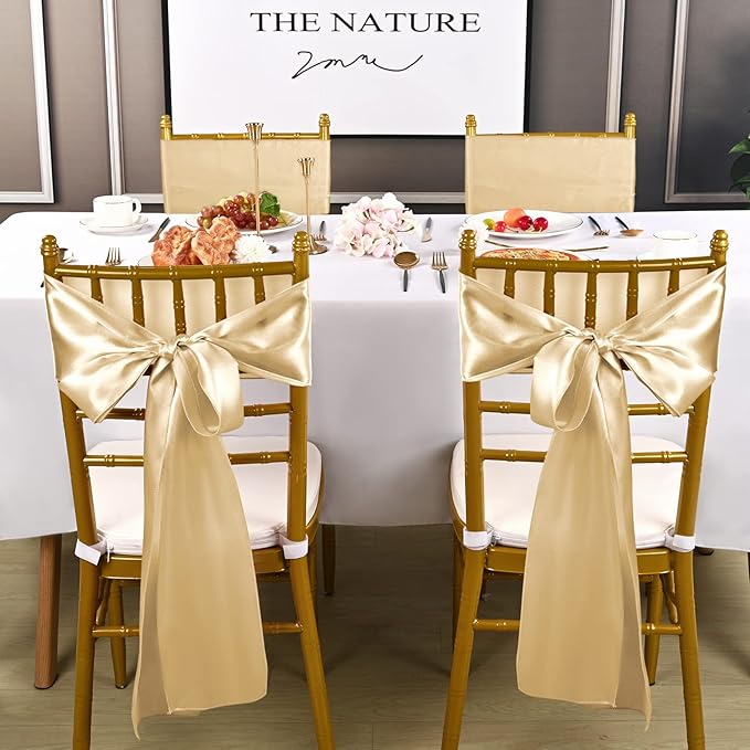Dining Chair Sashes 60 Pack Champagne Satin 7 x 108 Inch Bows