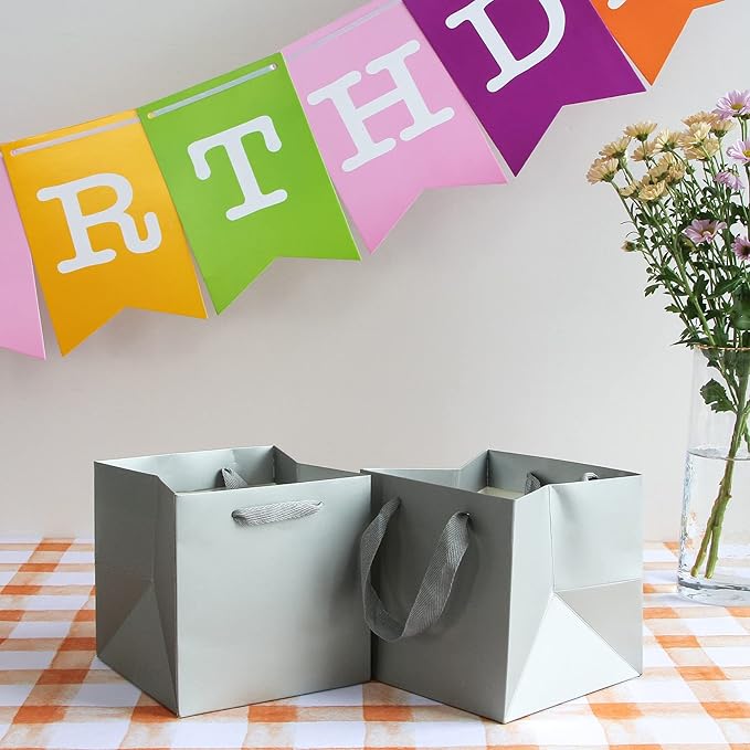 Silver Paper Gift Bags Small Square Bottom Kraft Cardboard Paper Bag With Handles for Baby Shower, Wedding, Birtyday Party (Silver Grey, 6 x 6 x 6 in, 10 Pcs)
