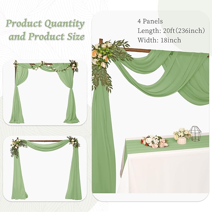 4 Panels Wedding Arch Draping Fabric 28"x 20Ft Chiffon Wedding Arch Drape Chiffon Fabric Drape Sheer Backdrop Curtain for Nuptials Party Ceremony Birthday Reception Backdropn Ceiling Decor(Sage Green)