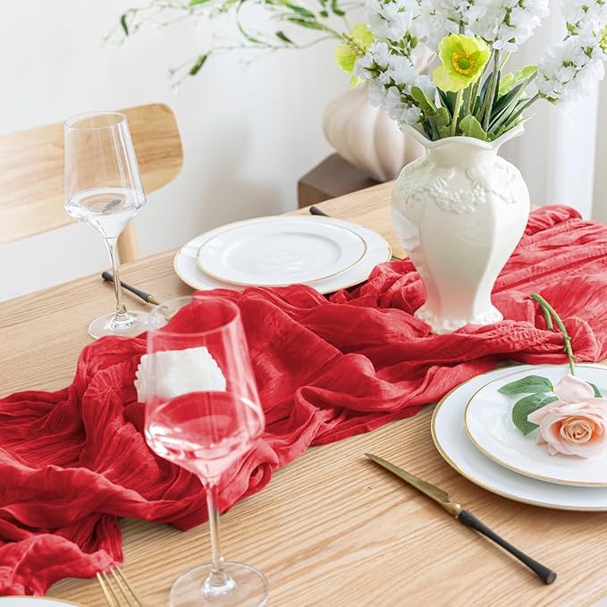 Asee'm 3PCS Fall Table Runner Cheesecloth 10FT Red Boho Gauze Fabric Rustic Sheer Cheese Cloth Runners for Thanksgiving Christmas Wedding Bridal Shower Party