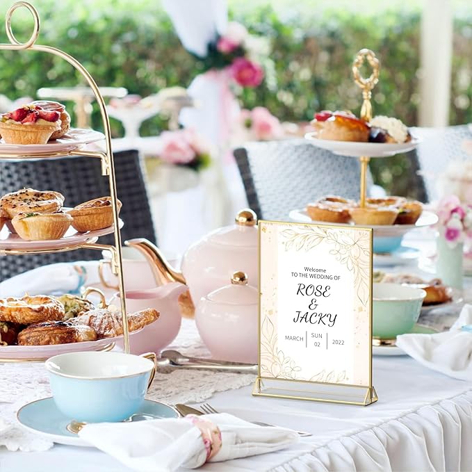NIUBEE 6Pack 4 x 6 Clear Acrylic Sign Holder with Gold Borders and Vertical Stand, Double Sided Table Menu Holders Picture Frames for Wedding Table Numbers, Restaurant Signs, Photos and Art Display