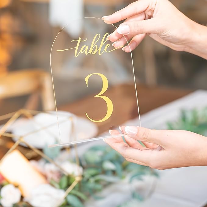 Clear Arch Acrylic Table Numbers for Wedding Reception - 5" x 7" Gold Font Centerpiece Set with Holder Stands & Head Table Sign - Anniversary, Event, Party, Wedding 1-15